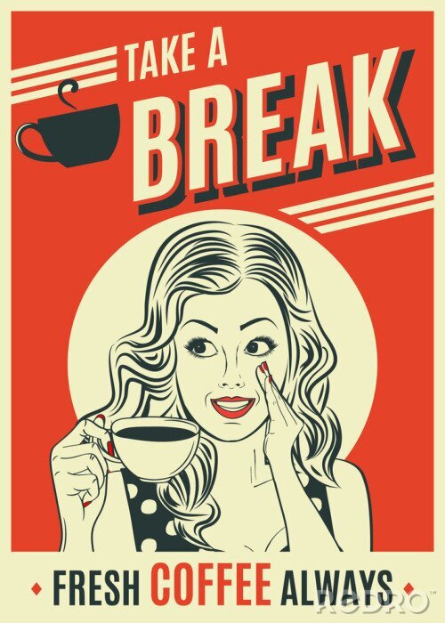 Sticker advertising coffee retro poster with pop art woman