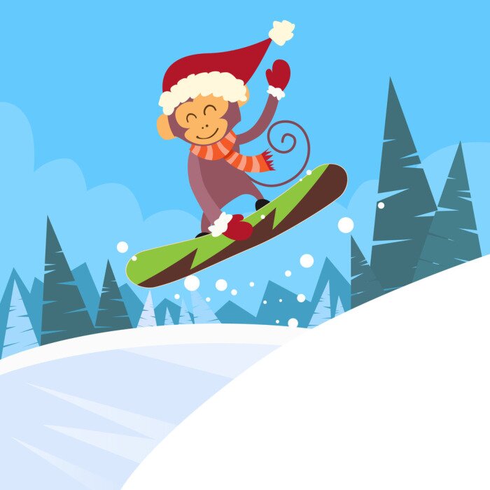 Sticker Affe Snowboarder Sliding Down Hill, Winter Banner Snowboardfahren