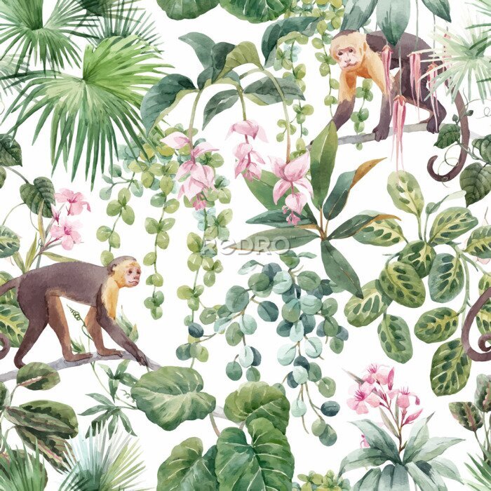 Sticker Affen inmitten von tropischen Pflanzen mit Blumen