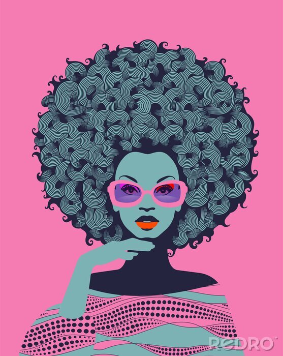 Sticker Afro American woman art portrait with pink sunglasses. Mid century modern retro style. Eps10 vector