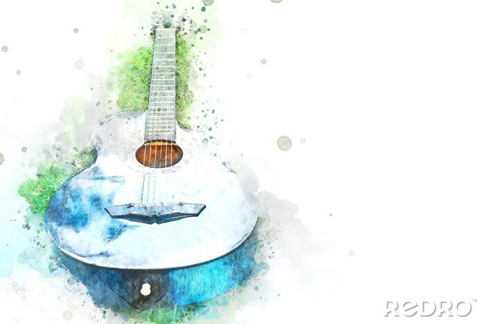 Sticker Akustikgitarre mit Aquarellfarben gemalt Grafik