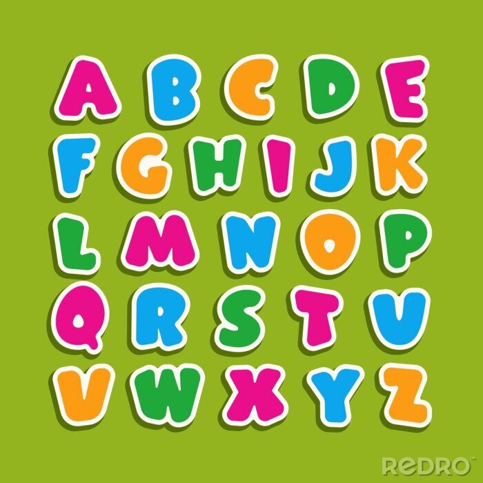 Sticker Alphabet für Kinder auf grünem Hintergrund