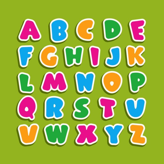 Sticker Alphabet für Kinder auf grünem Hintergrund