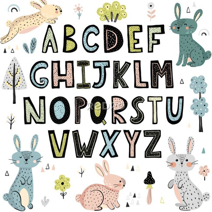 Sticker Alphabet mit niedlichen Häschen