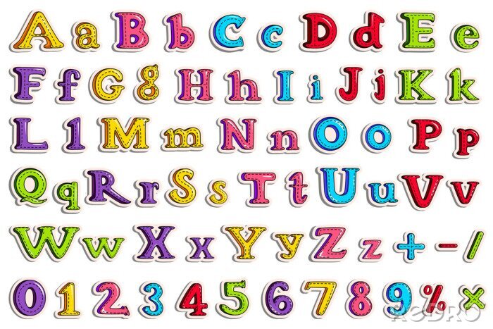 Sticker Alphabet und Zahlen in fünf Farben