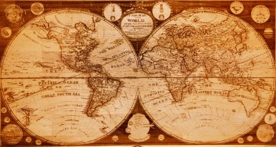 Sticker alte Holz Karte von Nord- und Südhalbkugel der Erde