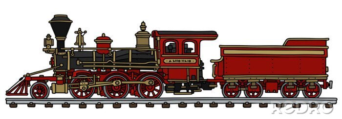 Sticker Alte rote amerikanische Dampflokomotive / Handzeichnung, Vektorillustration
