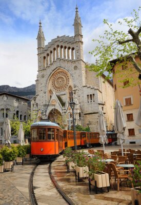 Sticker Alte Tram vor der Kathedrale von Soller, Mallorca, Spanien