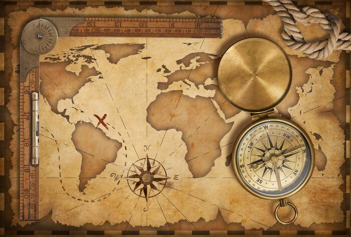 Sticker Alters Schatzkarte, Lineal, Seil und altes Messing-Kompass mit Deckel