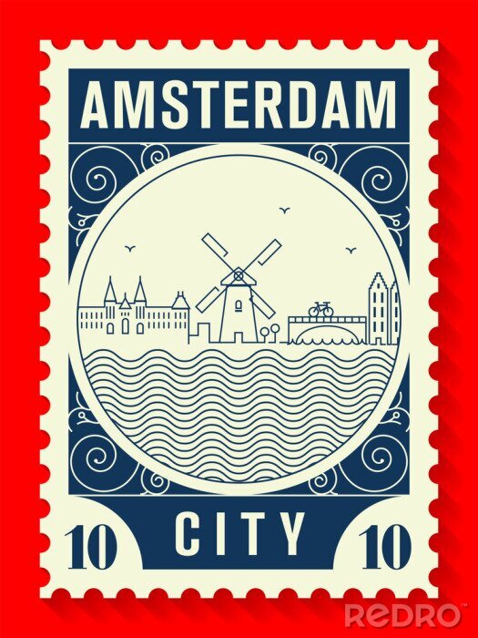 Sticker Amsterdam City Line Style Postage Stamp Design