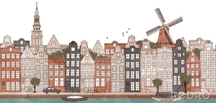 Sticker Amsterdam, Niederlande - nahtlose Banner der Skyline von Amsterdam, handgezeichnete und digital farbige Tinte Illustration