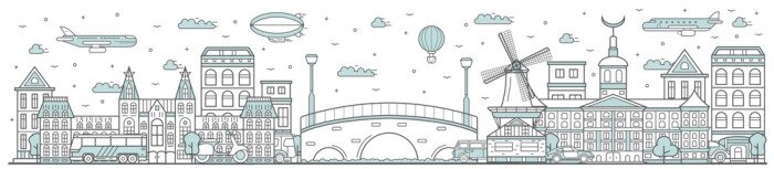 Sticker Amsterdam skyline. Line cityscape with famous building landmarks panorama. Amsterdam skyline with street Royal Palace, mill city sights and canal bridge. Capital city outline, architecture concept