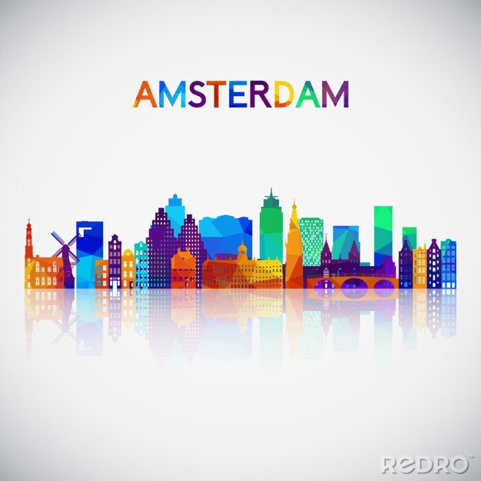 Sticker Amsterdam skyline silhouette in colorful geometric style. Symbol for your design. Vector illustration.