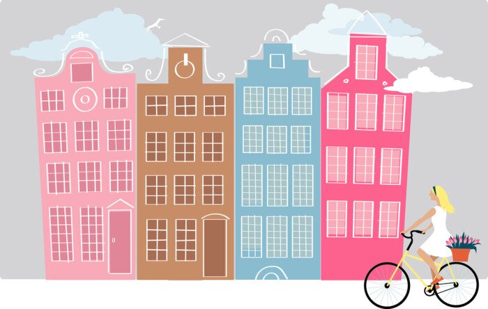 Sticker Amsterdam street with a young woman riding bicycle, EPS 8 vector illustration