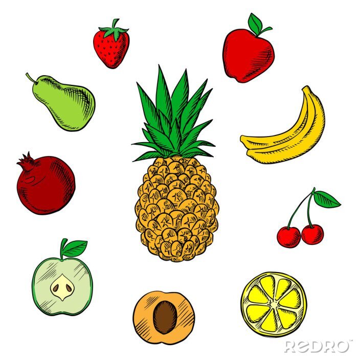 Sticker Ananas umgeben von anderen Früchten