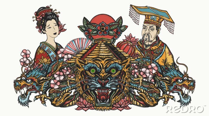 Sticker Ancient China art. Dragons, tiger head, emperor, queen in traditional costume, fan, lantern and lotus flower. Asian oriental art. Tattoo and t-shirt design