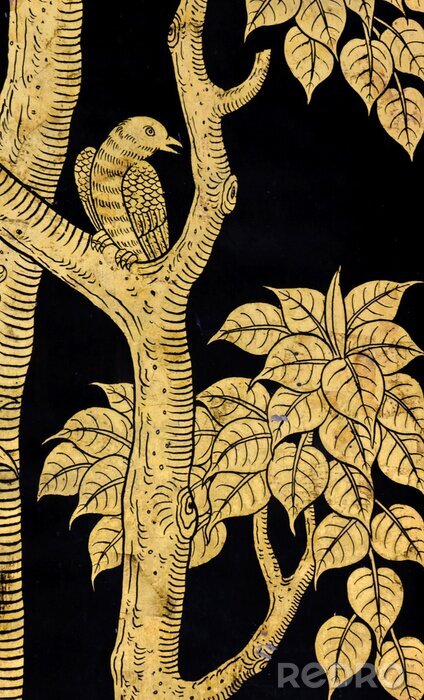Sticker Antike Vogel und Baum Malerei im Thai-Stil
