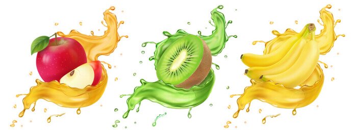 Sticker Apfel Kiwi und Bananen mit Saft übergossen