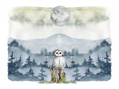 Sticker Aquarell-Berglandschaft mit Eule