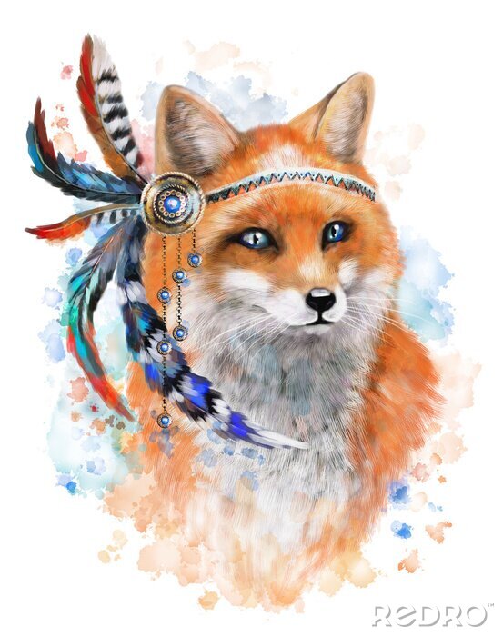 Sticker Aquarell eines Fuchses mit indischen Federn auf dem Kopf