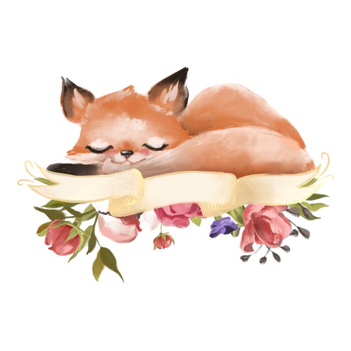 Sticker Aquarell Fuchs auf Band und Blumen
