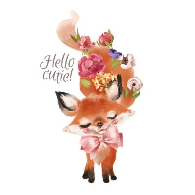 Sticker Aquarell Fuchs mit Schwanz mit Blumen verziert