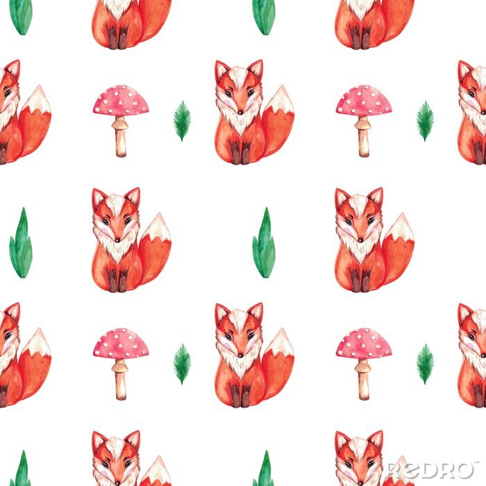 Sticker Aquarell Fuchs und roter Fliegenpilz weißer Hintergrund