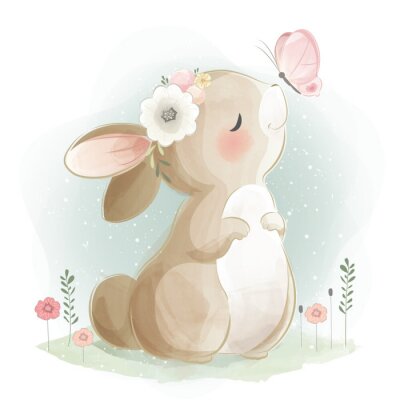 Sticker Aquarell-Hase mit Schmetterling