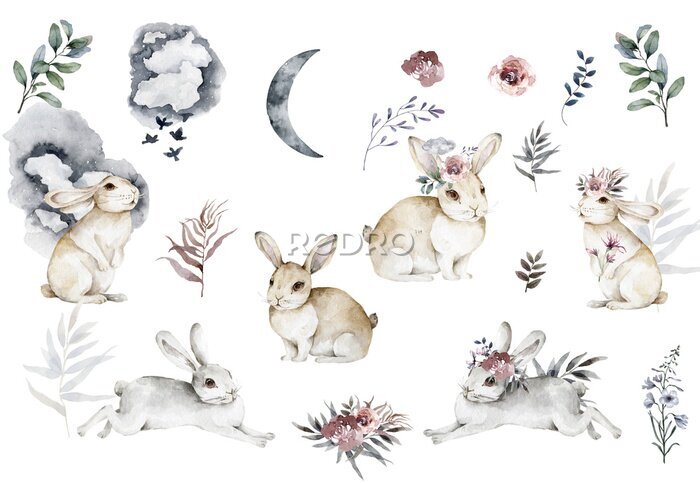 Sticker Aquarell-Hasen und Pflanzen auf weißem Hintergrund