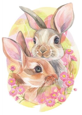 Sticker Aquarell-Hasenpaar inmitten von rosa Blumen