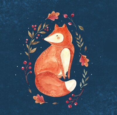 Sticker Aquarell-Illustration mit sitzen Fuchs und floral Kranz auf dunklem Hintergrund