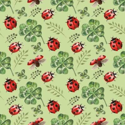 Sticker Aquarell-Marienkäfer zwischen grünen Kleeblättern