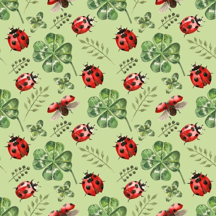 Sticker Aquarell-Marienkäfer zwischen grünen Kleeblättern