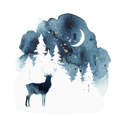 Sticker Aquarell mit einem Hirsch in der Nacht