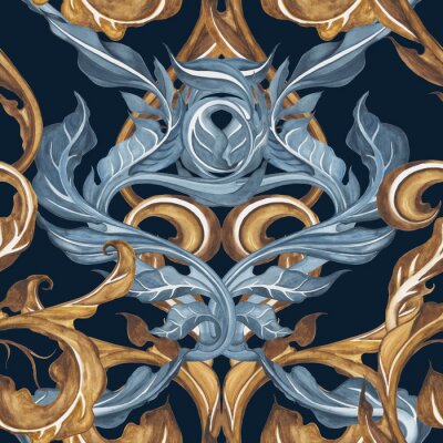 Aquarell Nahtlose Damasttapete. Vintage Luxus viktorianische Verzierung. Hand gezeichnete Blätter Muster, Retro-Stil, detaillierte Illustration. Schwarzer Hintergrund