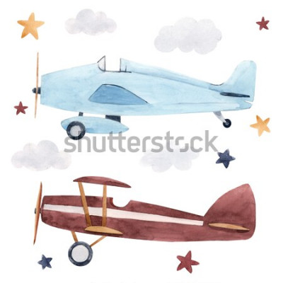 Sticker Aquarell-Satz von isolierten Kinderillustrationen, Flugzeugen, Sternenhimmel und Wolken. Kindergeburtstag