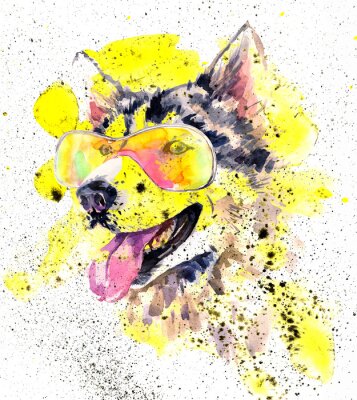 Sticker Aquarell siberian Husky-Hund in Gläser und gelbe Spritzer