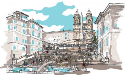 Sticker Aquarell-Skizze der Spanischen Treppe in Rom, Italien
