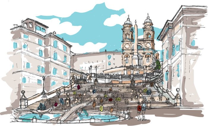 Sticker Aquarell-Skizze der Spanischen Treppe in Rom, Italien