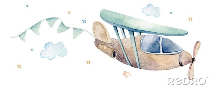 Sticker Aquarell stellte Hintergrundillustration einer niedlichen Karikatur- und ausgefallenen Himmelsszene zusammen mit Flugzeugen, Hubschraubern, Flugzeug und Luftballons, Wolken ein. Nahtloses Muster des J