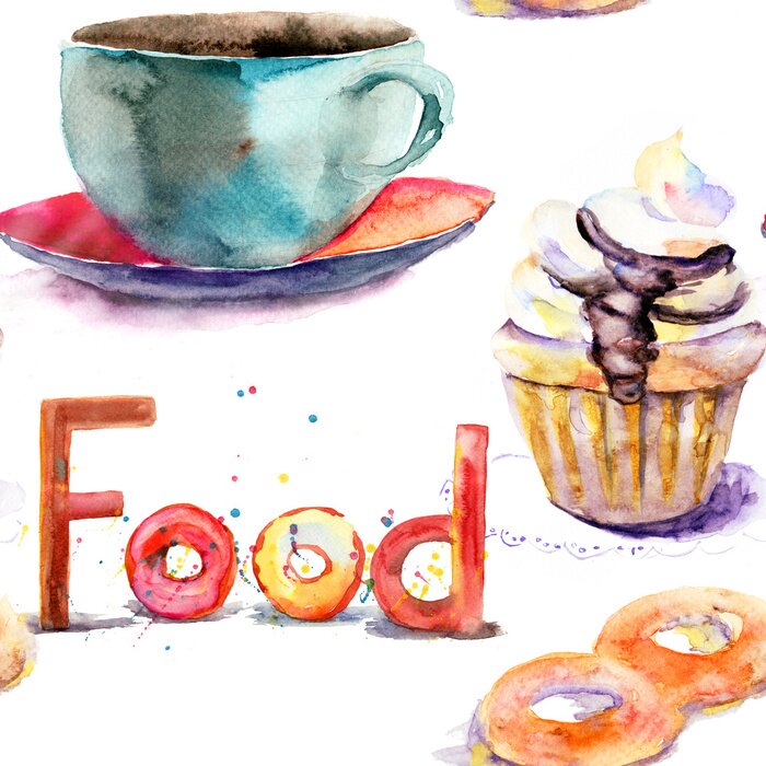 Sticker Aquarell-Tasse und Cupcake