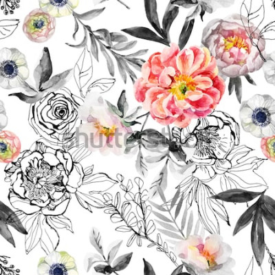 Sticker Aquarell und Tinte kritzeln Blumen, Blätter, nahtloses Muster der Unkräuter. Handgemalter, gezeichneter Blumenhintergrund mit Pfingstrosen, Anemonen, Ranunculus, Hunderosenzweig, Wiesenkräuter