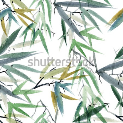 Sticker Aquarell- und Tintenillustration des Bambusses im Art sumi-e, Usünde. Orientalische traditionelle Malerei. Nahtloses Muster.