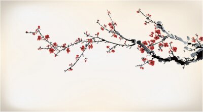 Fototapete Aquarell von Kirschblüten und Zweigen auf hellem Hintergrund