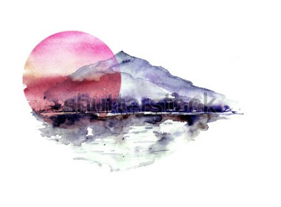 Sticker Aquarellberglandschaft, blaue, purpurrote Berge, Spitze, Waldschattenbild, Reflexion im Fluss, rote Sonnenuntergangsonne. Auf weißem hintergrund isoliert. Auf weißem hintergrund isoliert.