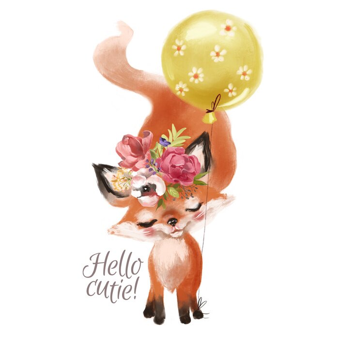 Sticker Aquarellfuchs und gelber Ballon mit weißen Blumen