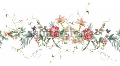 Sticker Aquarellmalerei des Blattes und der Blumen, nahtloses Muster auf weißem Hintergrund