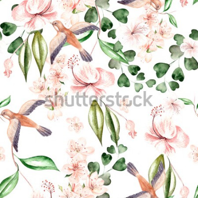 Sticker Aquarellmuster mit Frühlingsblumen, Eukalyptusblättern und Vögeln. Illustration