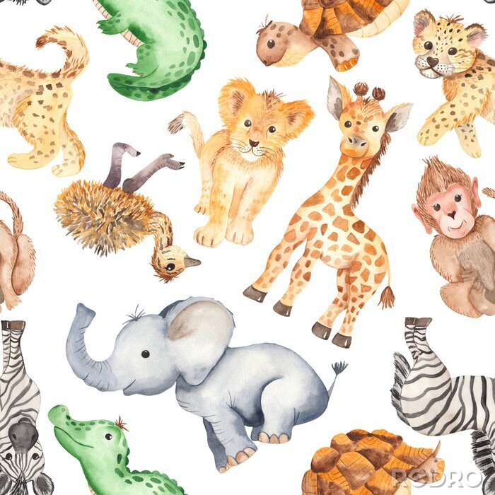 Sticker Aquarellmuster mit niedlichen Karikaturtieren von Afrika. Textur für Tapeten, Verpackungen, Scrapbooking, Textilien, Stoffe, Kinderbekleidung und Design