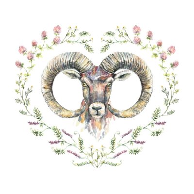 Sticker Aquarellporträt des RAMs mit einem Kranz von Wildflowers.